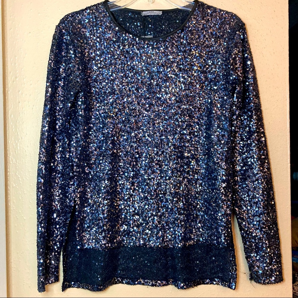 NWT Zara Blue Sequin Top